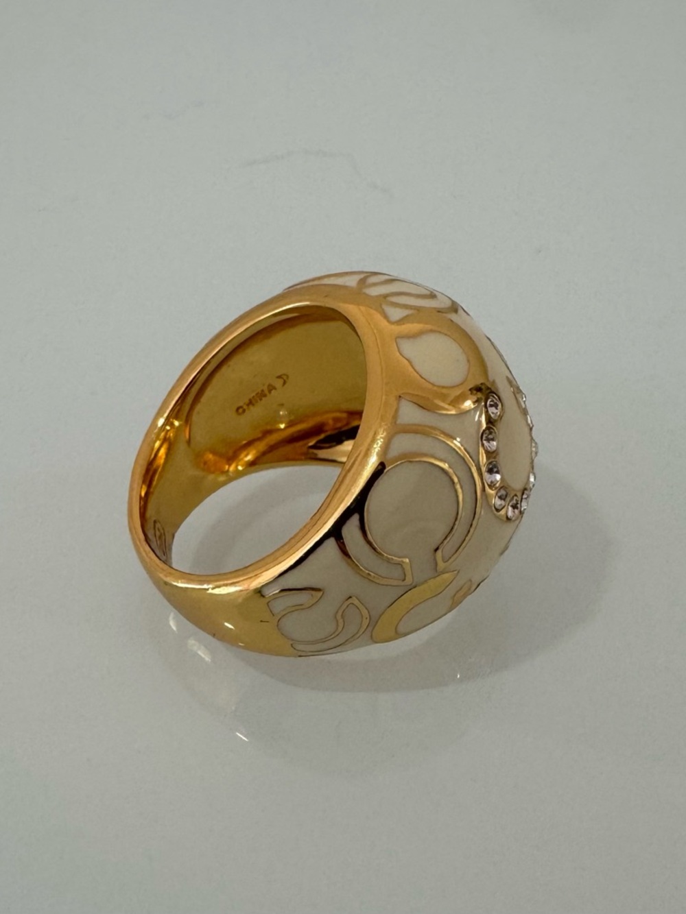 COACH Cream and Gold Dome Ring with Crystal Accents, Size 6.5 - Picture 2 of 5